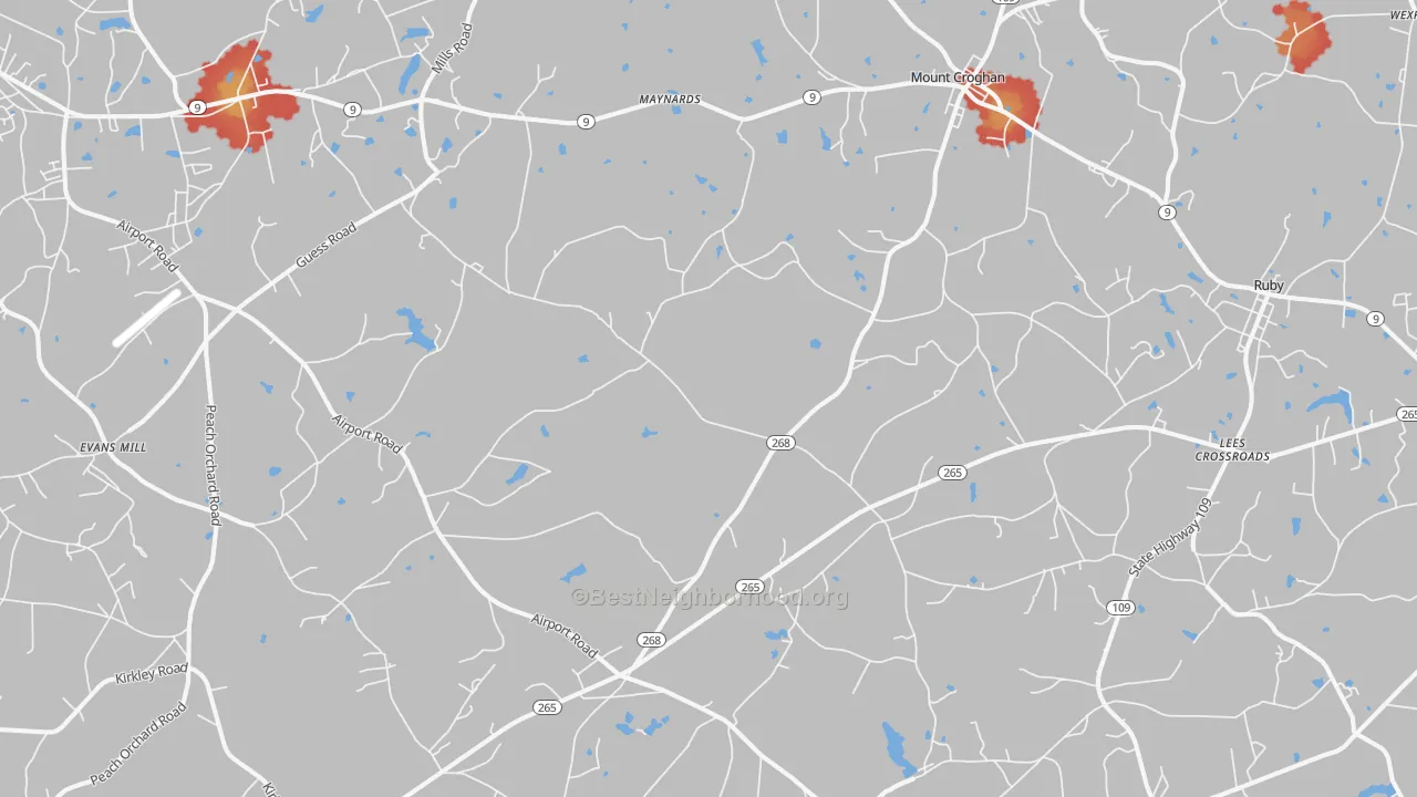 Walk Grade map of Mount Croghan, SC, walkable areas in green and car-dependent areas in red