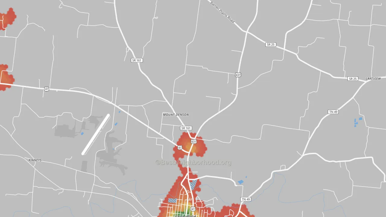 Walk Grade map of Mount Denson, TN, walkable areas in green and car-dependent areas in red