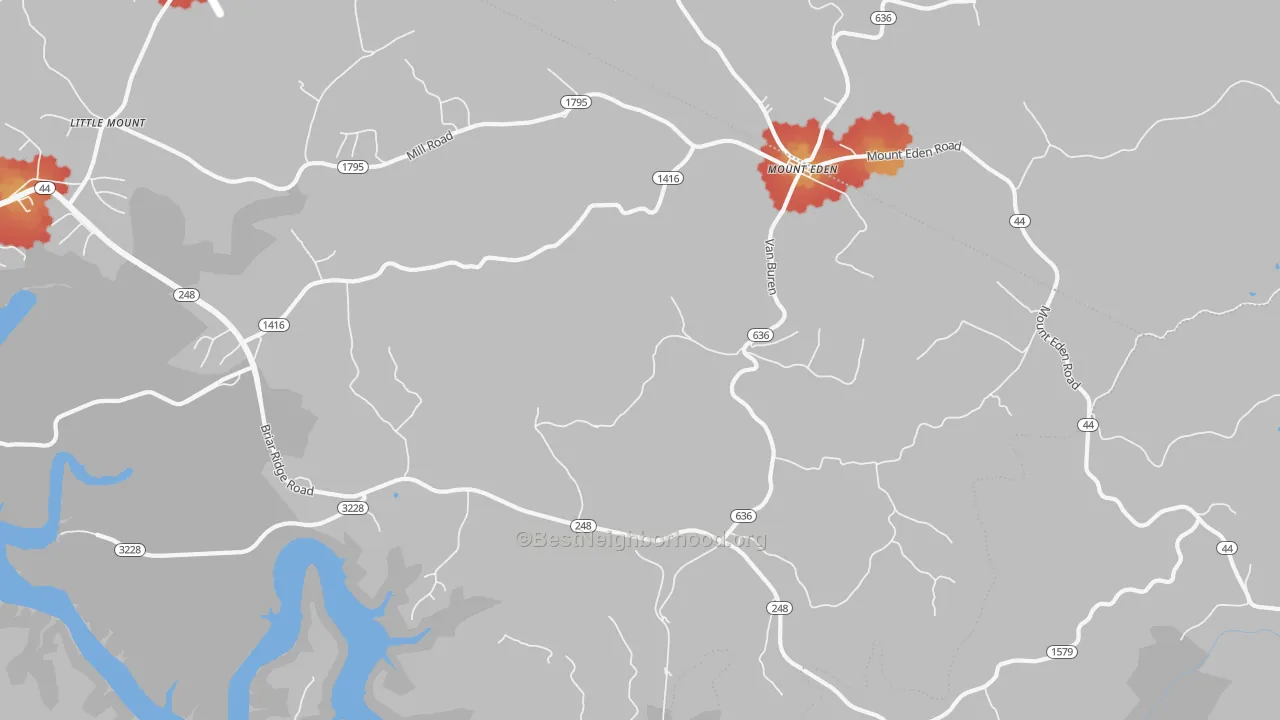 Walk Grade map of Mount Eden, KY, walkable areas in green and car-dependent areas in red