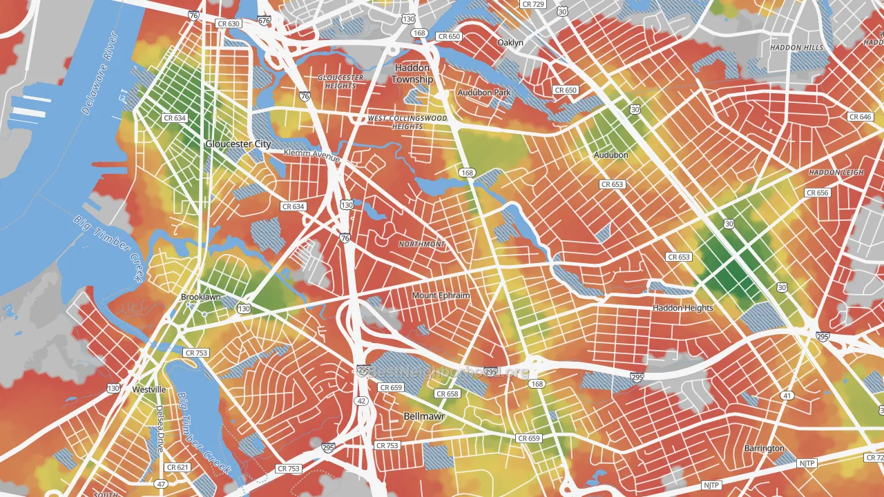 Walk Grade map of Mount Ephraim, NJ, walkable areas in green and car-dependent areas in red