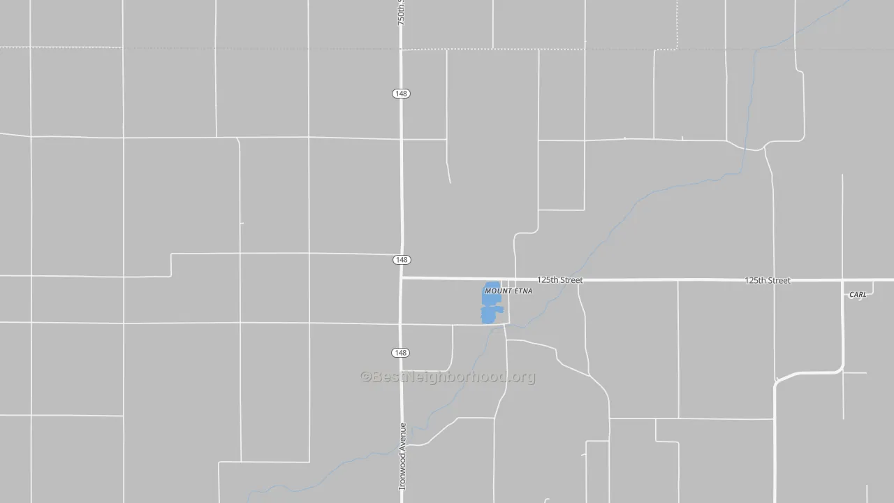 Walk Grade map of Mount Etna, IA, walkable areas in green and car-dependent areas in red
