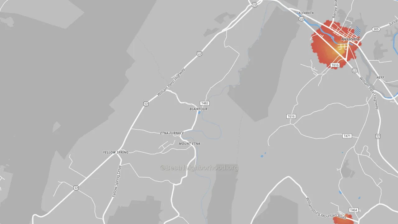 Walk Grade map of Mount Etna, PA, walkable areas in green and car-dependent areas in red