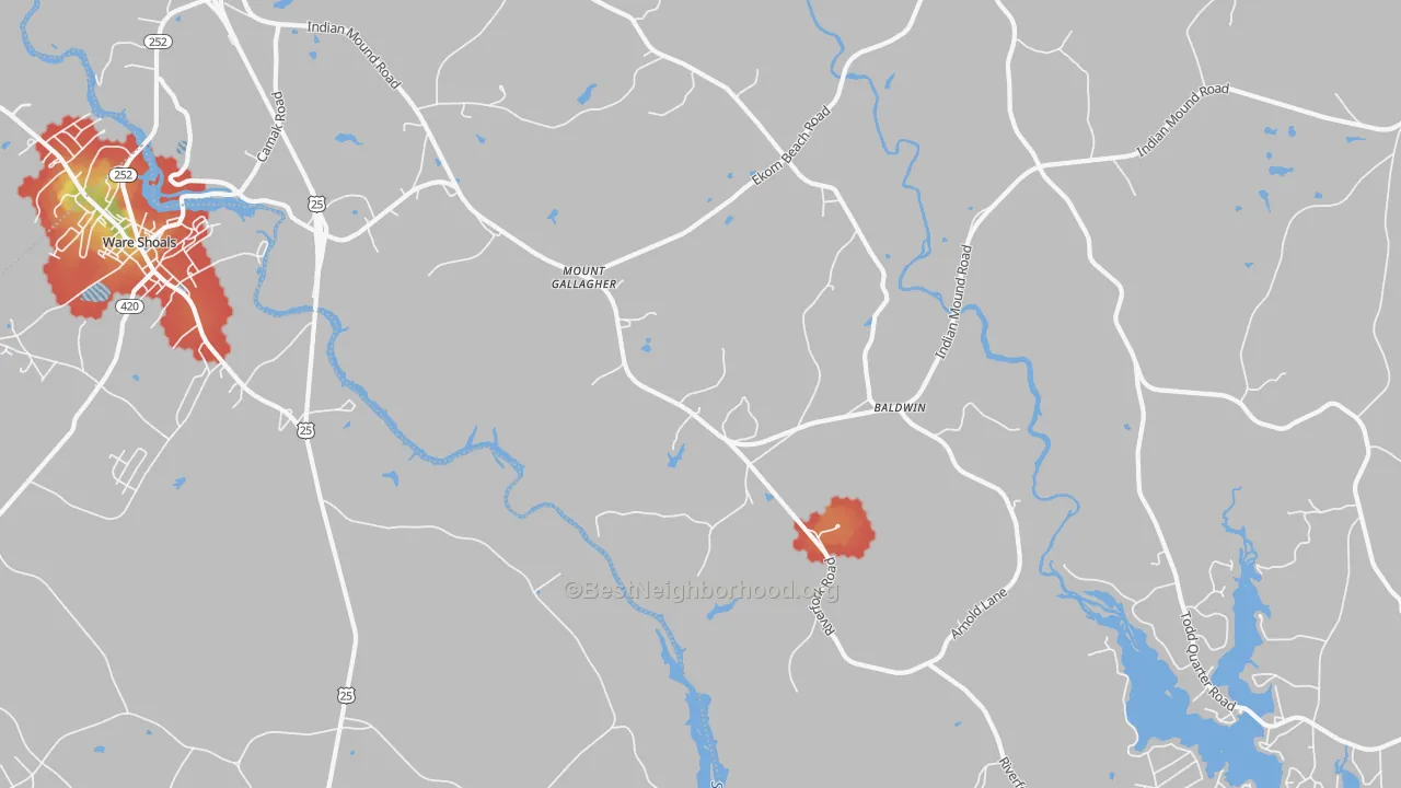 Walk Grade map of Mount Gallagher, SC, walkable areas in green and car-dependent areas in red