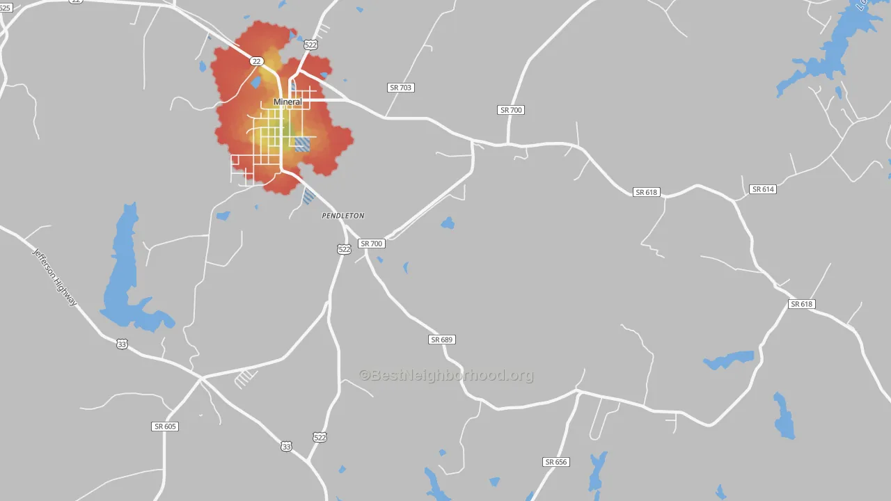 Walk Grade map of Mount Garland, VA, walkable areas in green and car-dependent areas in red