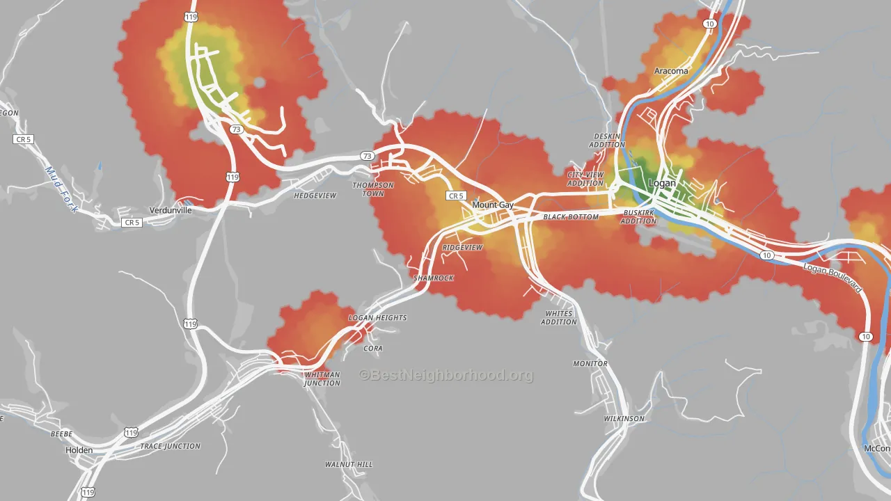 Walk Grade map of Mount Gay-Shamrock, WV, walkable areas in green and car-dependent areas in red
