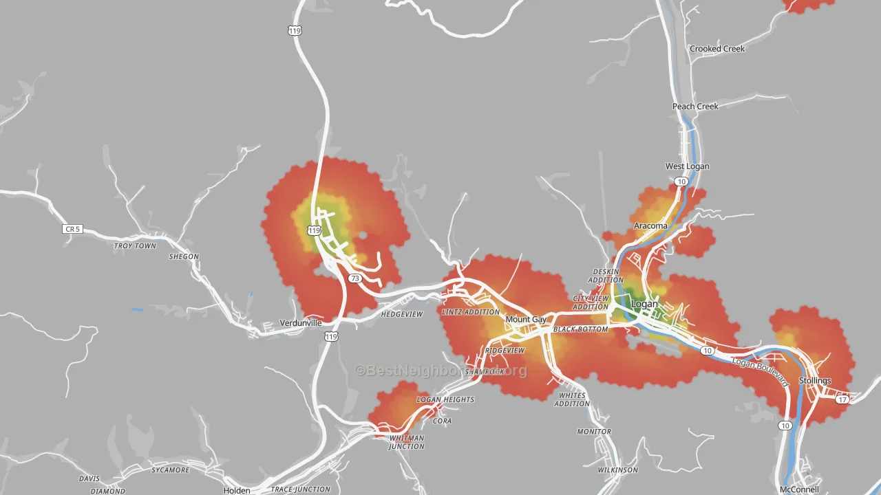 Walk Grade map of Mount Gay, WV, walkable areas in green and car-dependent areas in red