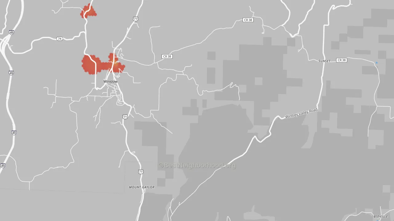 Walk Grade map of Mount Gaylor, AR, walkable areas in green and car-dependent areas in red