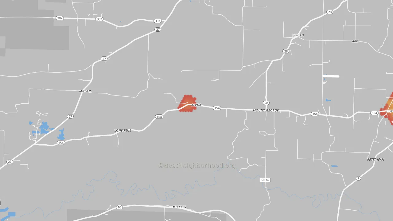 Walk Grade map of Mount George, AR, walkable areas in green and car-dependent areas in red