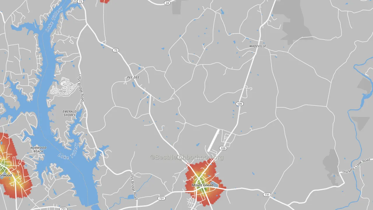 Walk Grade map of Mount Gilead, NC, walkable areas in green and car-dependent areas in red