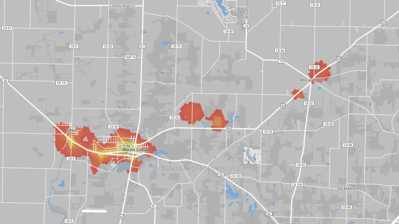 Walk Grade map of Mount Gilead, OH, walkable areas in green and car-dependent areas in red