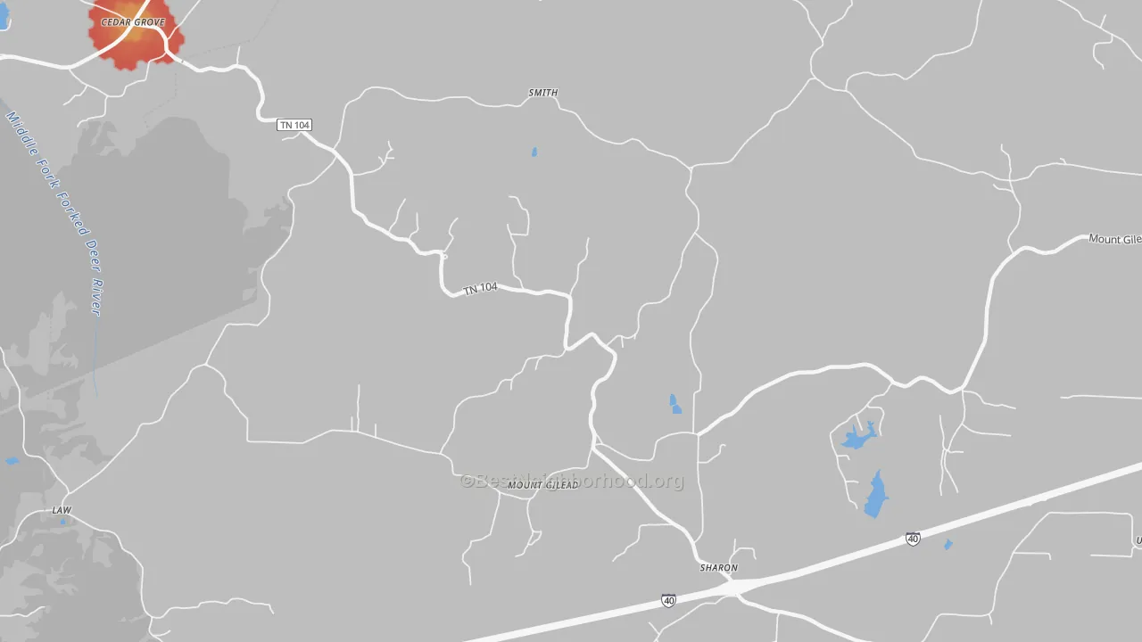 Walk Grade map of Mount Gilead, TN, walkable areas in green and car-dependent areas in red