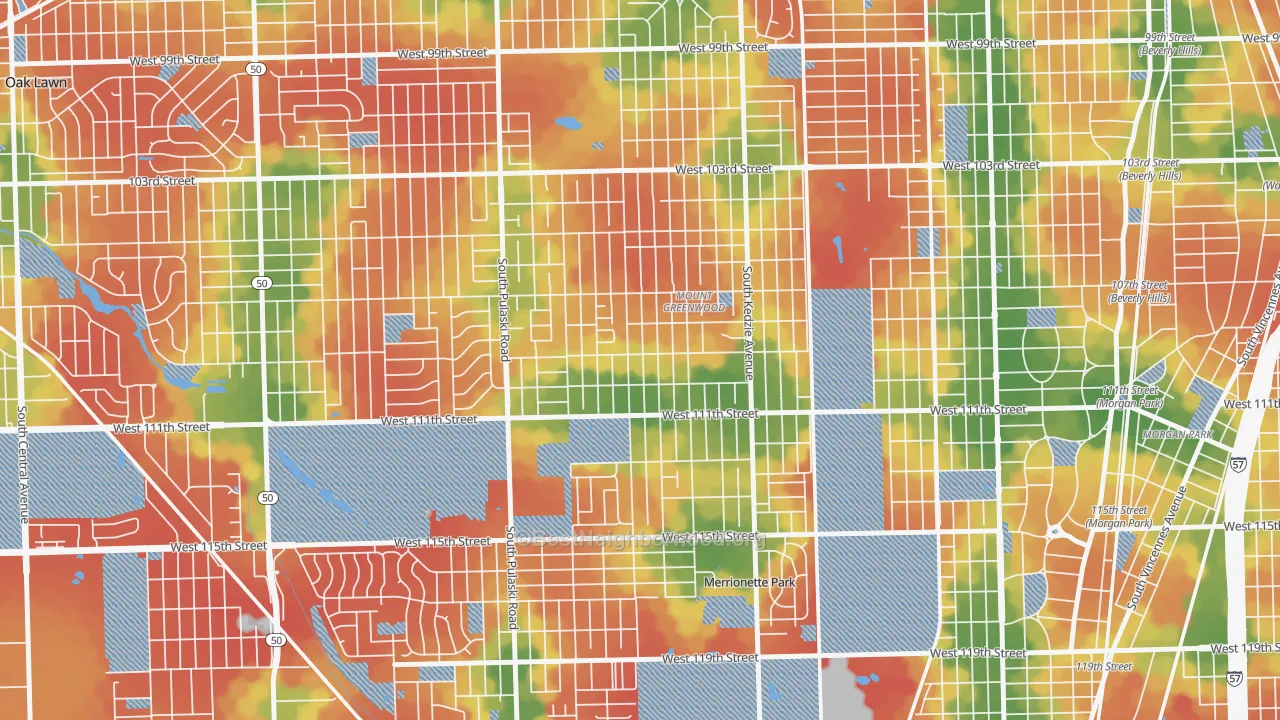 Walk Grade map of Mount Greenwood, Chicago, IL, walkable areas in green and car-dependent areas in red