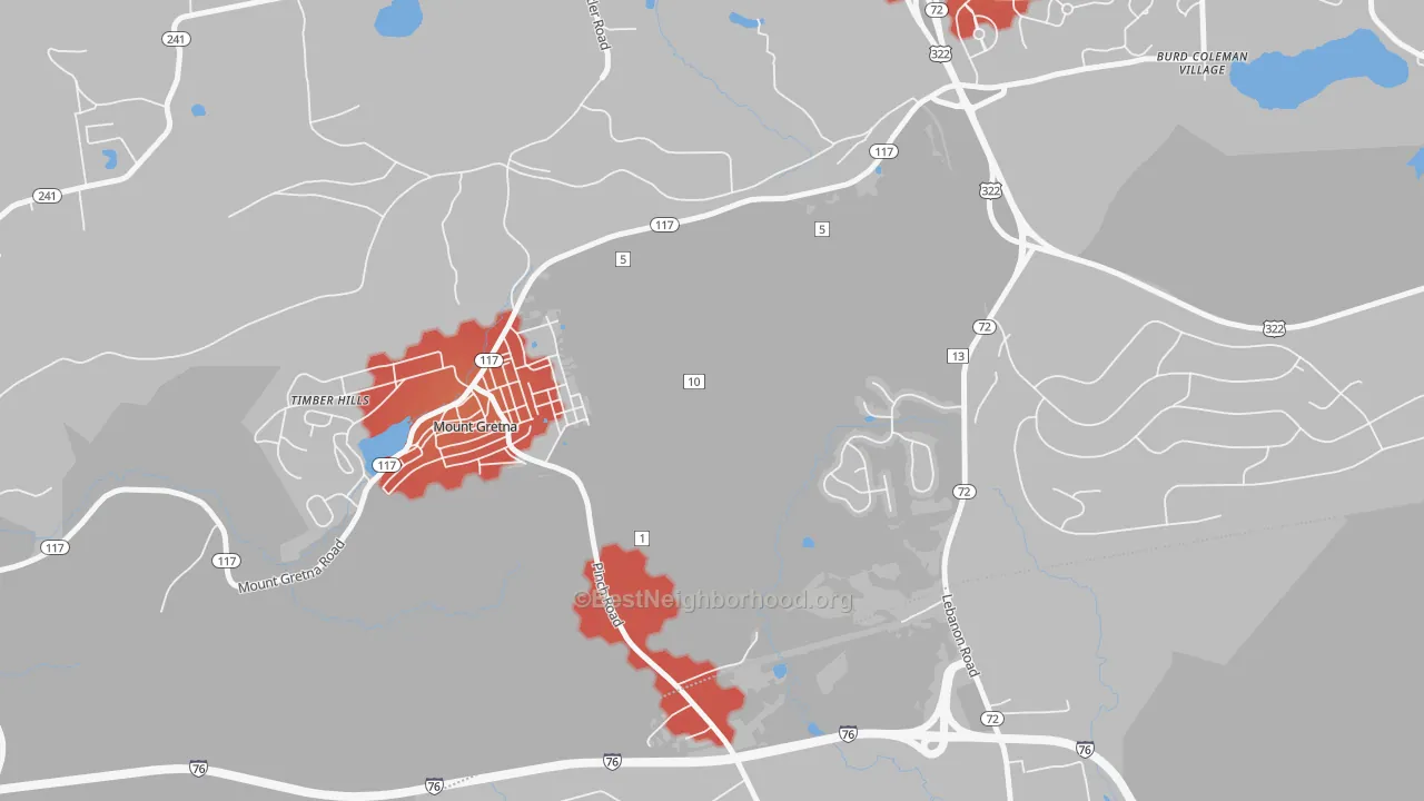 Walk Grade map of Mount Gretna Heights, PA, walkable areas in green and car-dependent areas in red