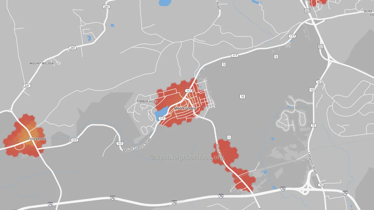 Walk Grade map of Mount Gretna, PA, walkable areas in green and car-dependent areas in red