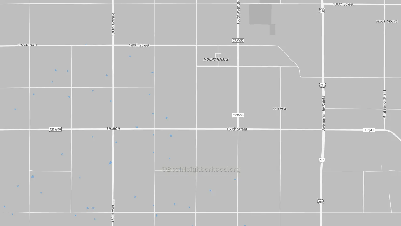 Walk Grade map of Mount Hamill, IA, walkable areas in green and car-dependent areas in red