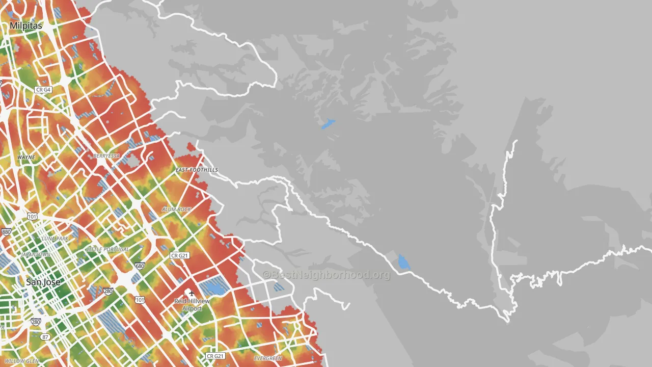 Walk Grade map of Mount Hamilton, CA, walkable areas in green and car-dependent areas in red