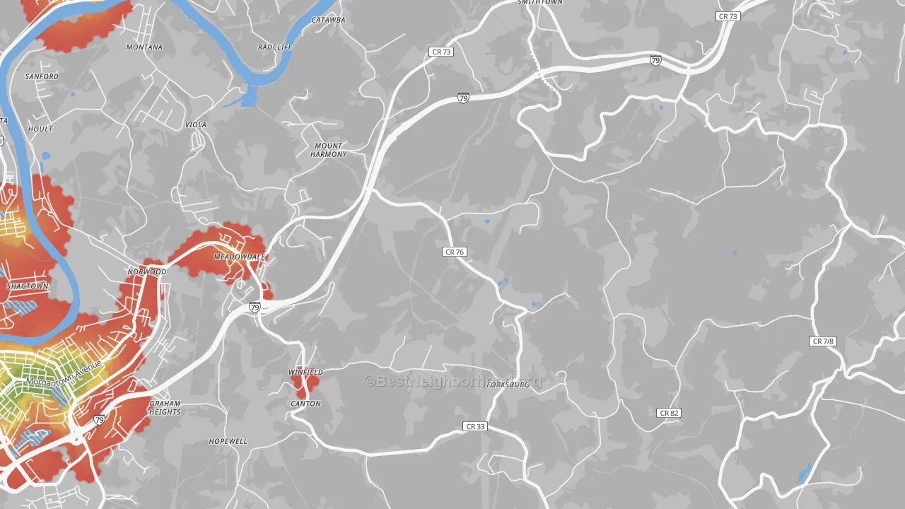 Walk Grade map of Mount Harmony, WV, walkable areas in green and car-dependent areas in red