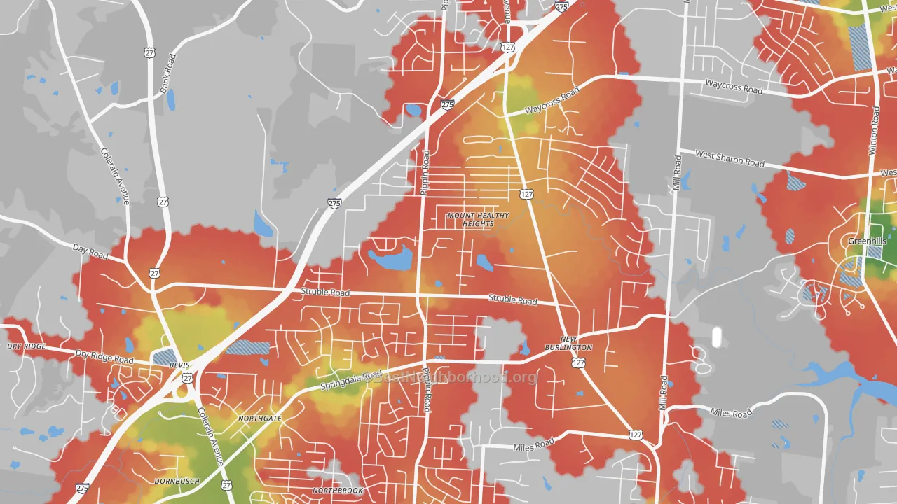 Walk Grade map of Mount Healthy Heights, Cincinnati, OH, walkable areas in green and car-dependent areas in red