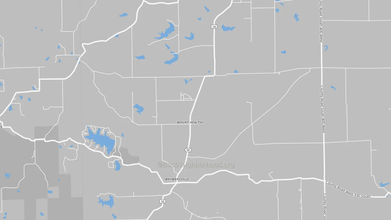 Walk Grade map of Mount Healthy, IN, walkable areas in green and car-dependent areas in red