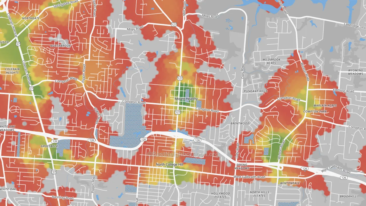 Walk Grade map of Mount Healthy, OH, walkable areas in green and car-dependent areas in red