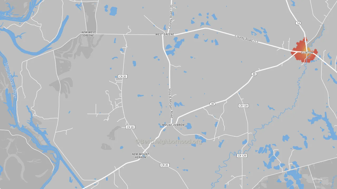 Walk Grade map of Mount Hebron, AL, walkable areas in green and car-dependent areas in red