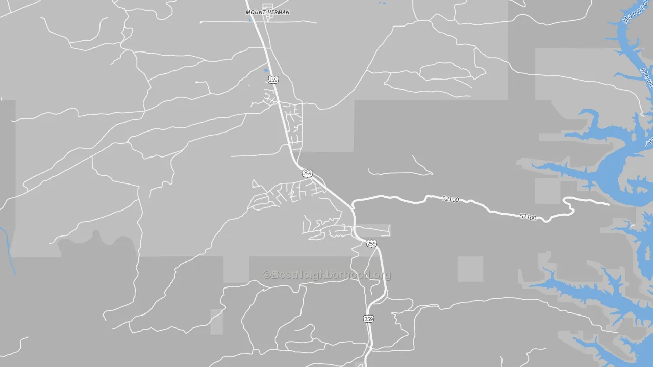 Walk Grade map of Mount Herman, OK, walkable areas in green and car-dependent areas in red