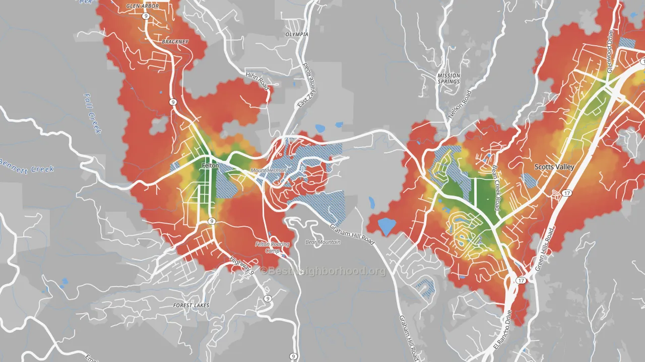 Walk Grade map of Mount Hermon, CA, walkable areas in green and car-dependent areas in red