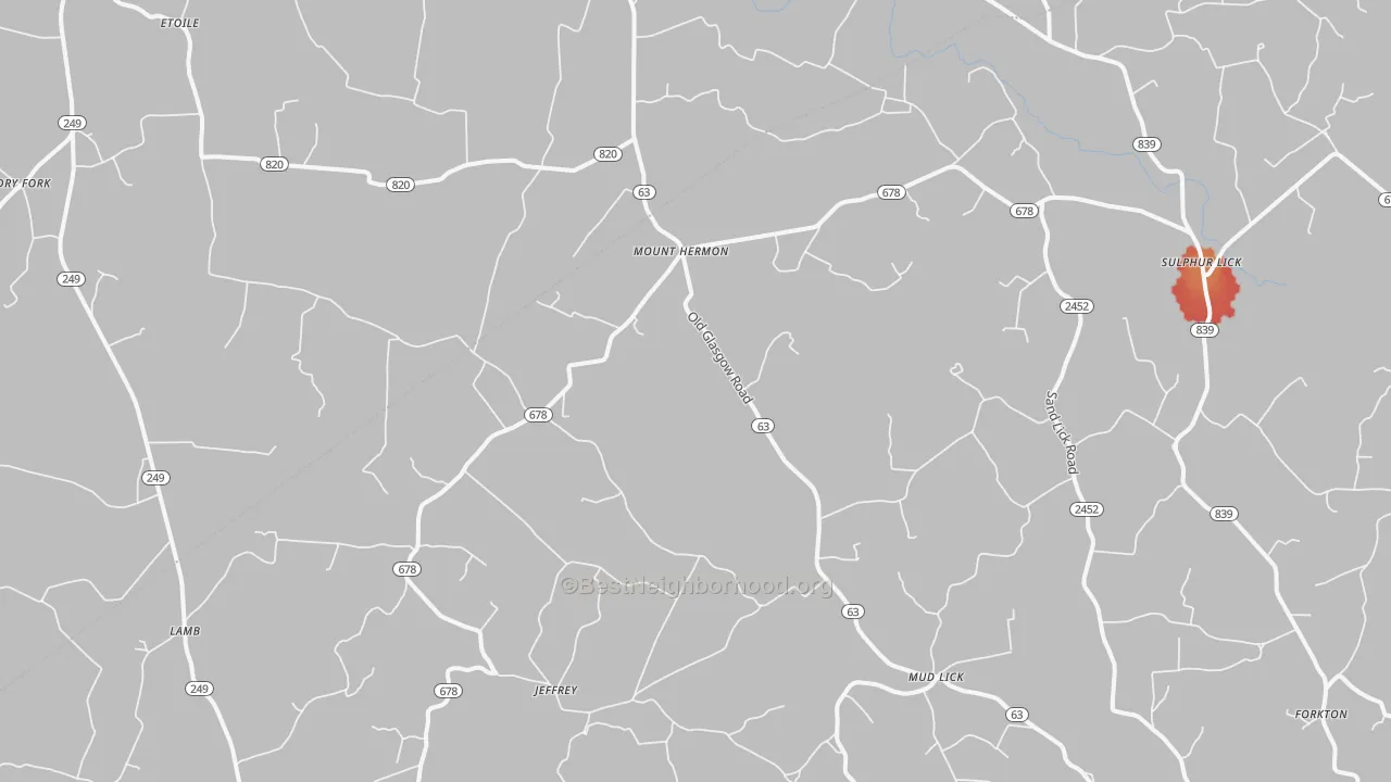Walk Grade map of Mount Hermon, KY, walkable areas in green and car-dependent areas in red