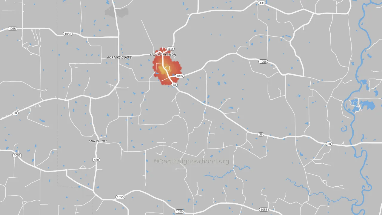 Walk Grade map of Mount Hermon, LA, walkable areas in green and car-dependent areas in red