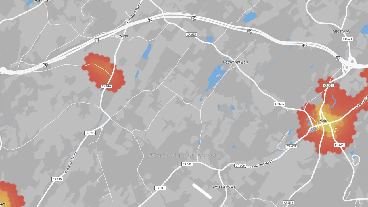 Walk Grade map of Mount Hermon, NJ, walkable areas in green and car-dependent areas in red