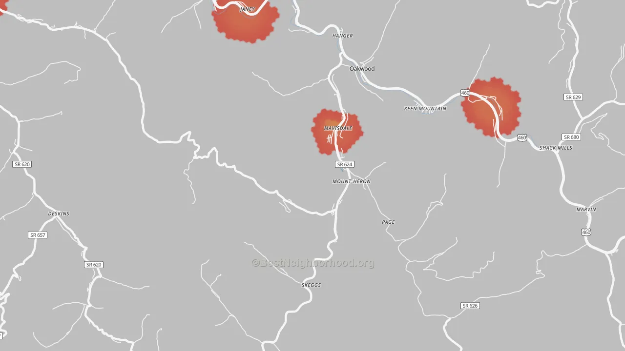 Walk Grade map of Mount Heron, VA, walkable areas in green and car-dependent areas in red