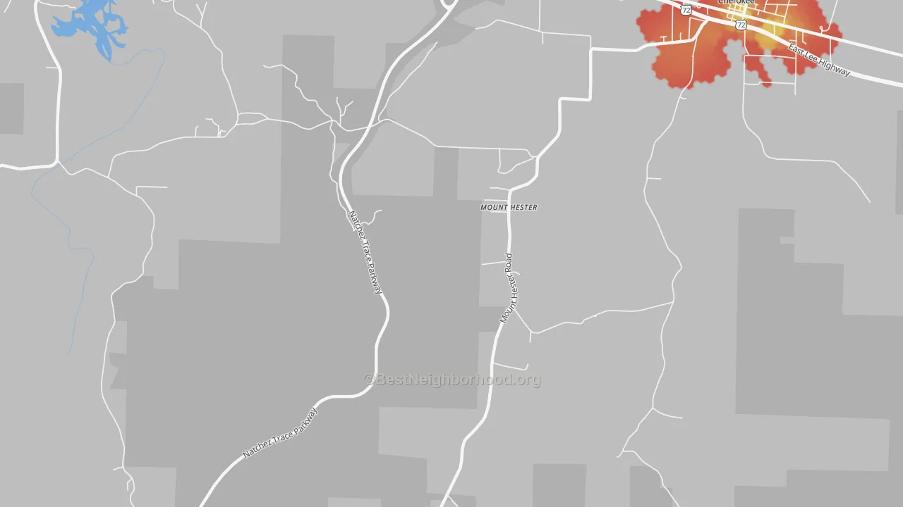 Walk Grade map of Mount Hester, AL, walkable areas in green and car-dependent areas in red