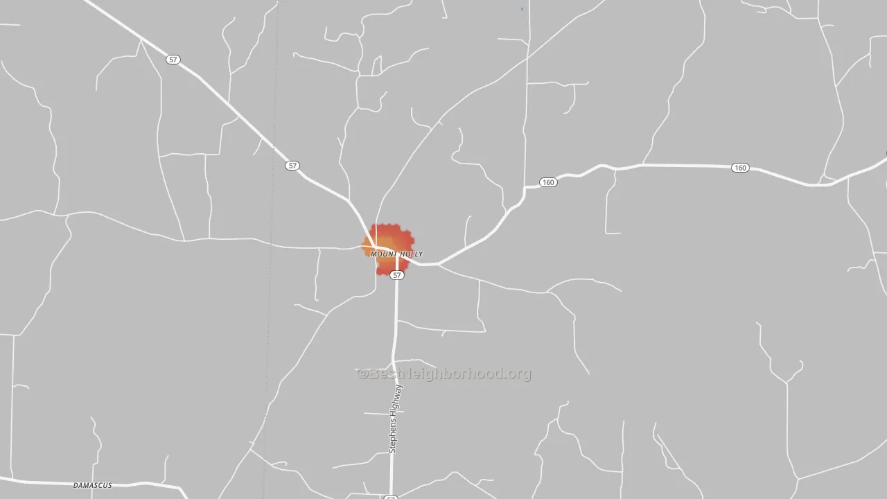 Walk Grade map of Mount Holly, AR, walkable areas in green and car-dependent areas in red