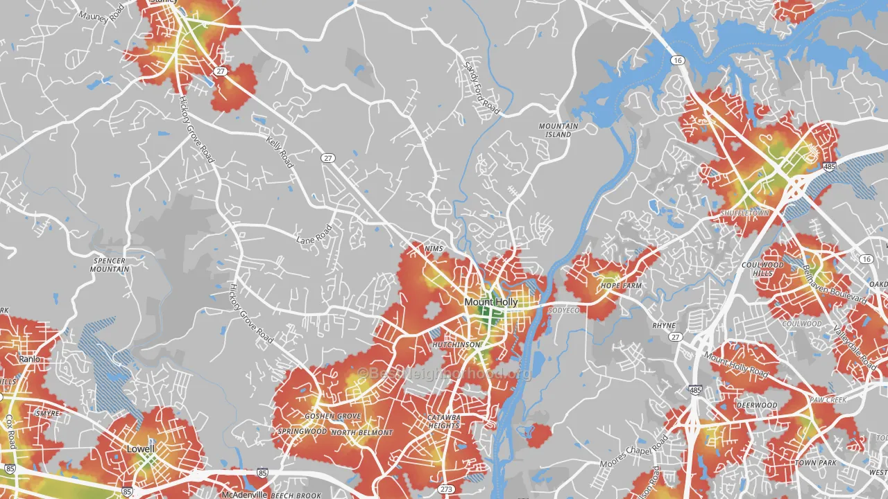 Walk Grade map of Mount Holly, NC, walkable areas in green and car-dependent areas in red