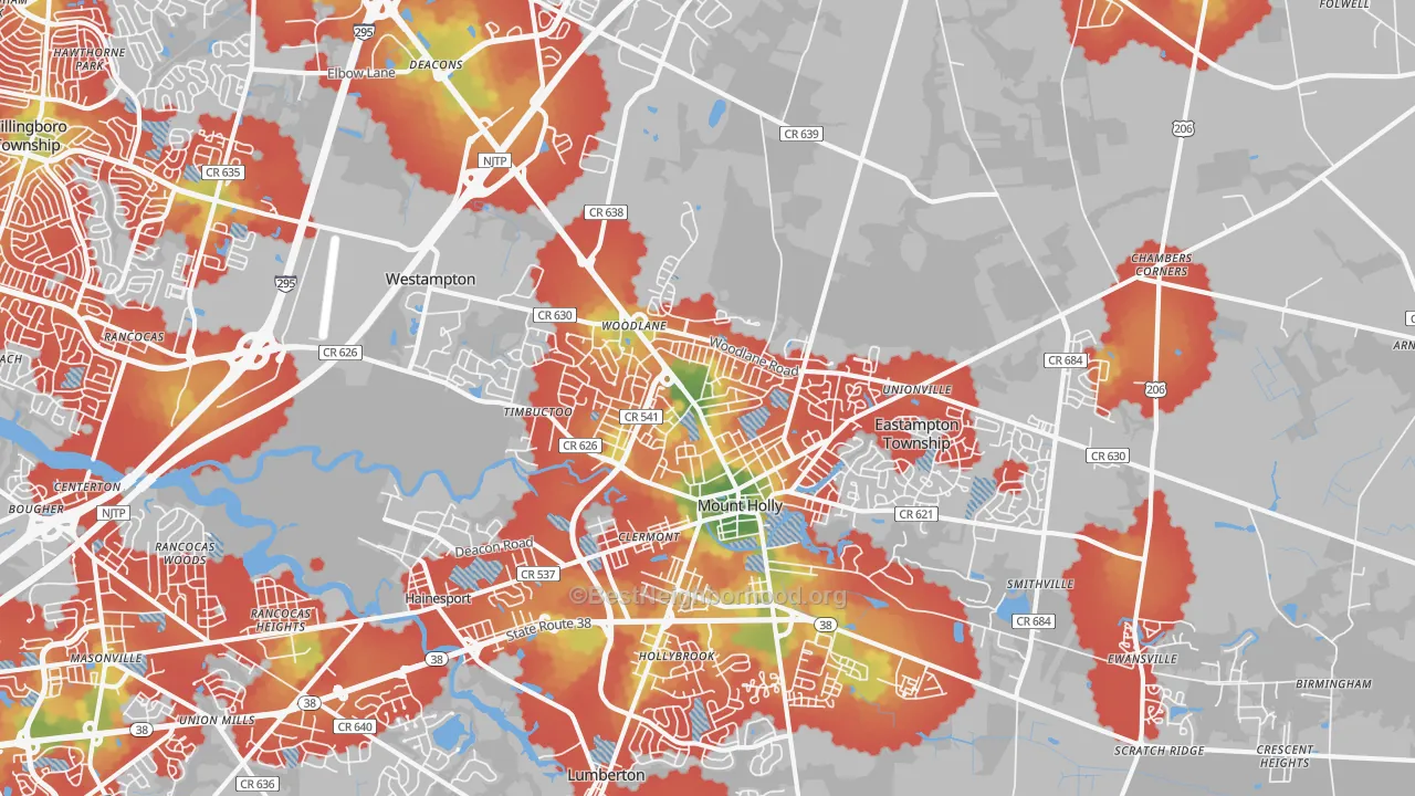 Walk Grade map of Mount Holly, NJ, walkable areas in green and car-dependent areas in red