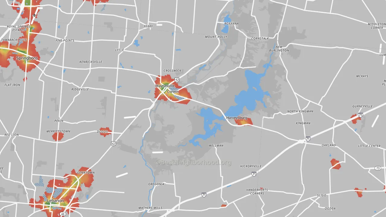 Walk Grade map of Mount Holly, OH, walkable areas in green and car-dependent areas in red
