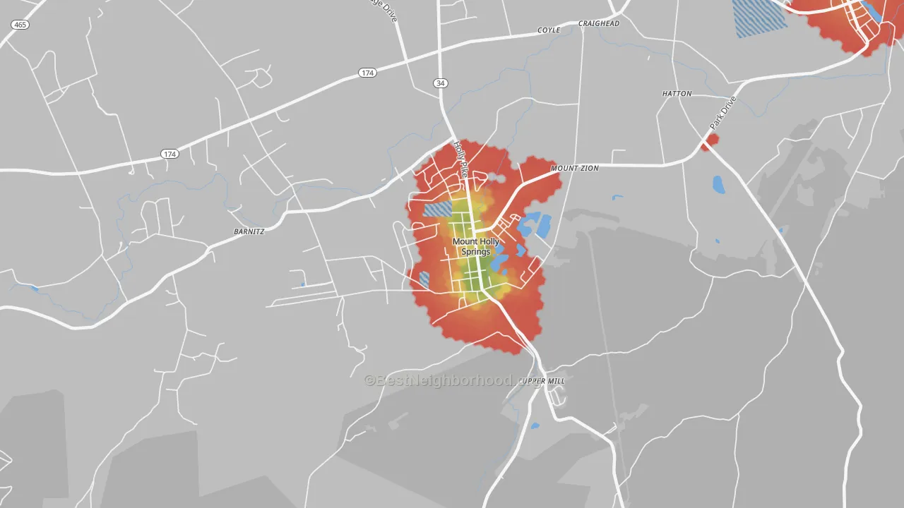 Walk Grade map of Mount Holly Springs, PA, walkable areas in green and car-dependent areas in red