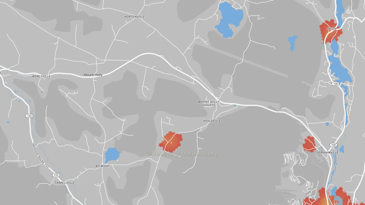 Walk Grade map of Mount Holly, VT, walkable areas in green and car-dependent areas in red