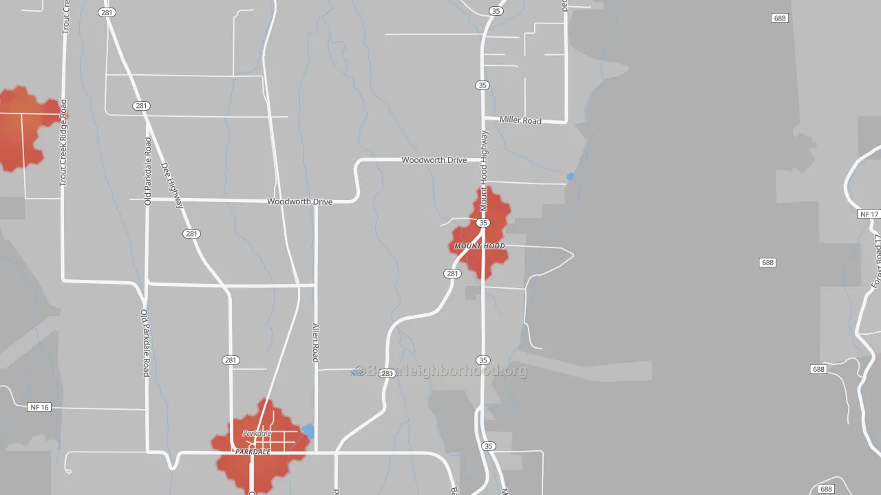 Walk Grade map of Mount Hood, OR, walkable areas in green and car-dependent areas in red