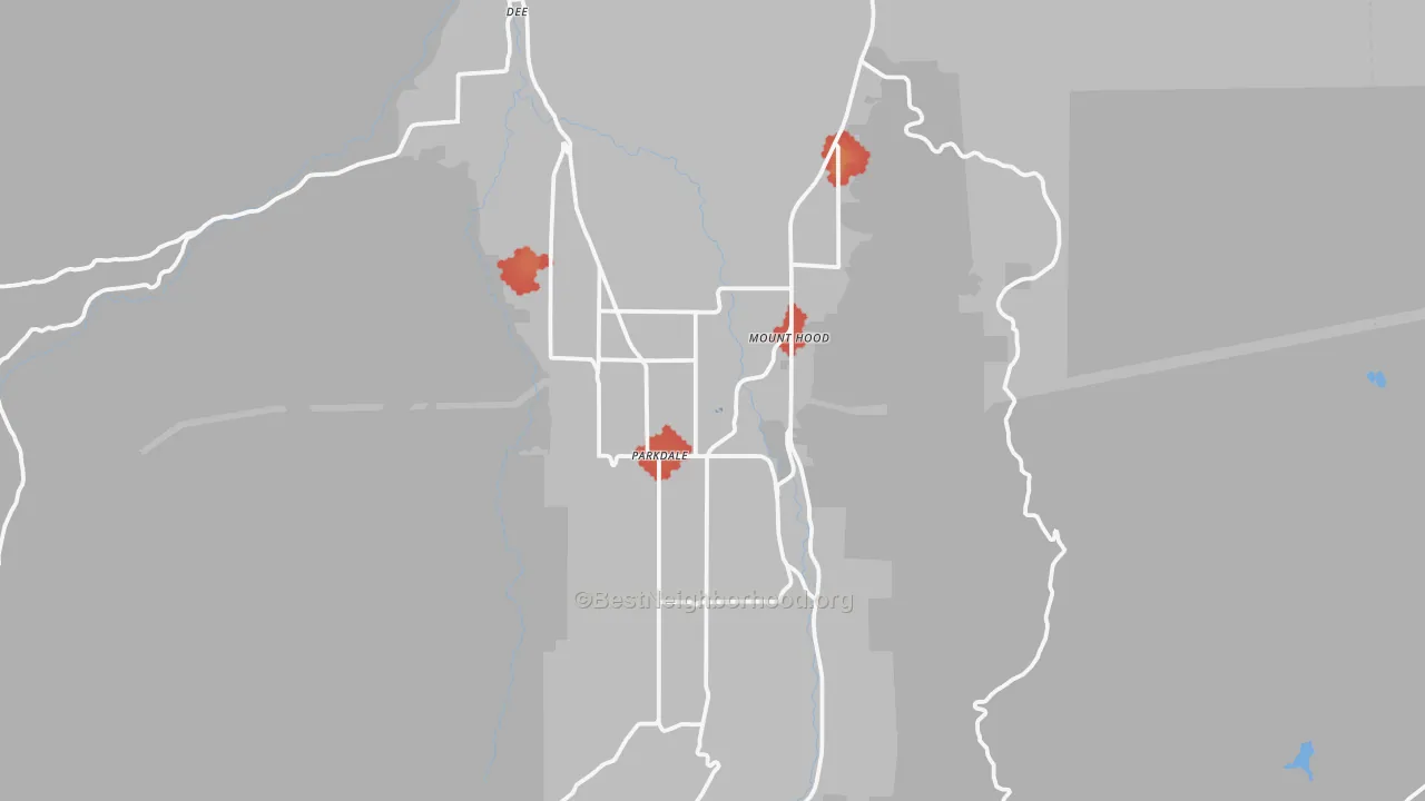 Walk Grade map of Mount Hood-Parkdale, OR, walkable areas in green and car-dependent areas in red