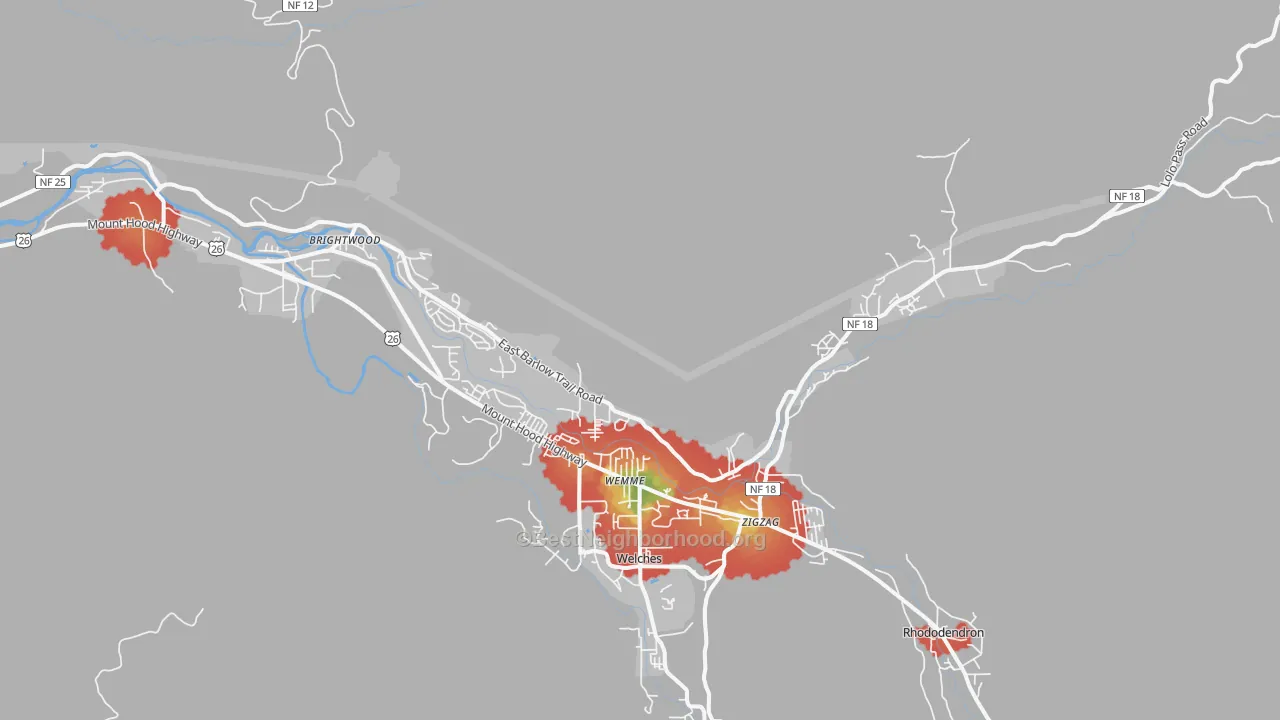 Walk Grade map of Mount Hood Village, OR, walkable areas in green and car-dependent areas in red