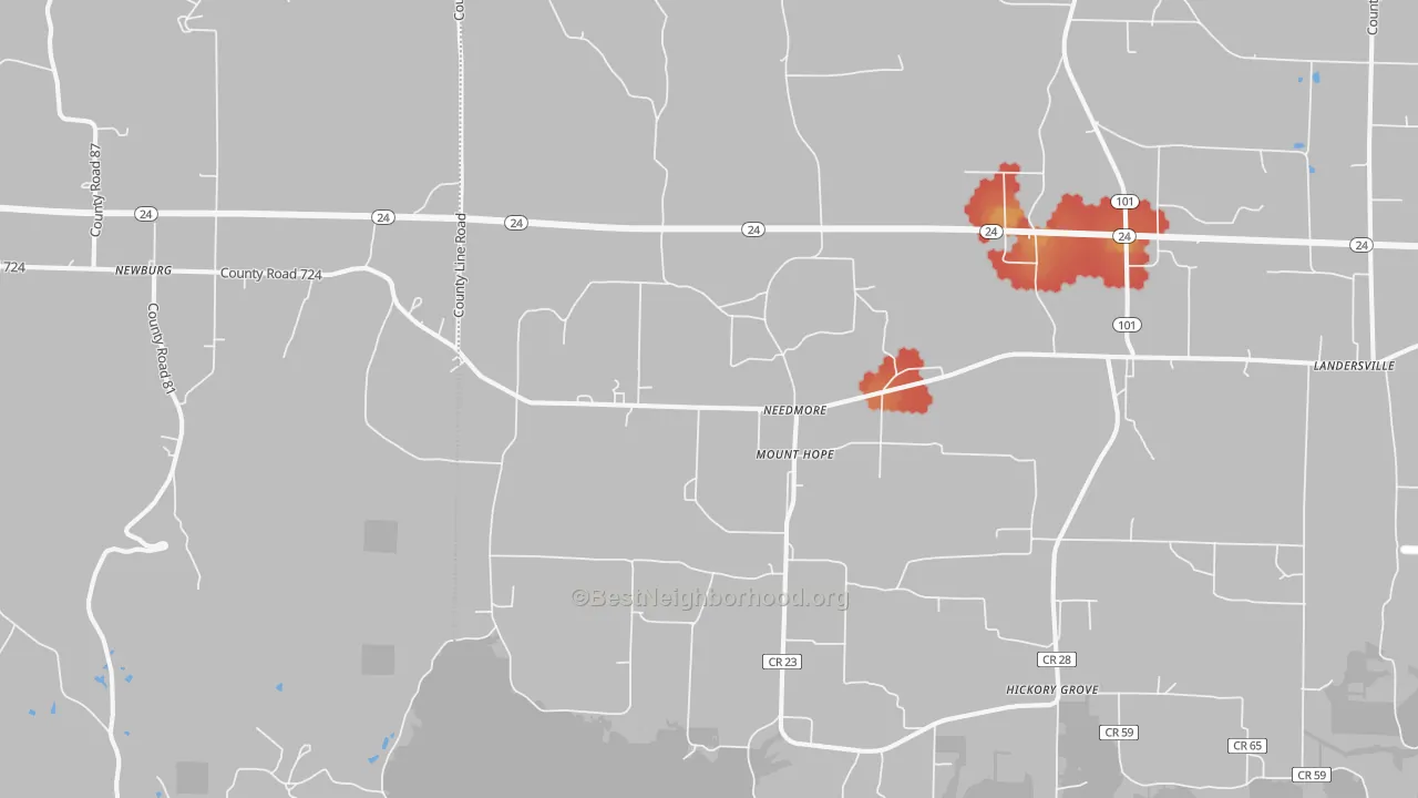 Walk Grade map of Mount Hope, AL, walkable areas in green and car-dependent areas in red