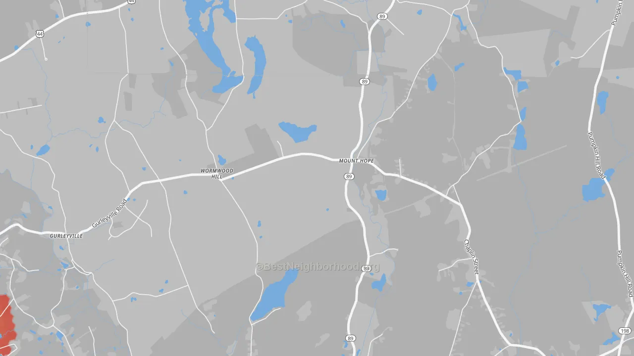 Walk Grade map of Mount Hope, CT, walkable areas in green and car-dependent areas in red