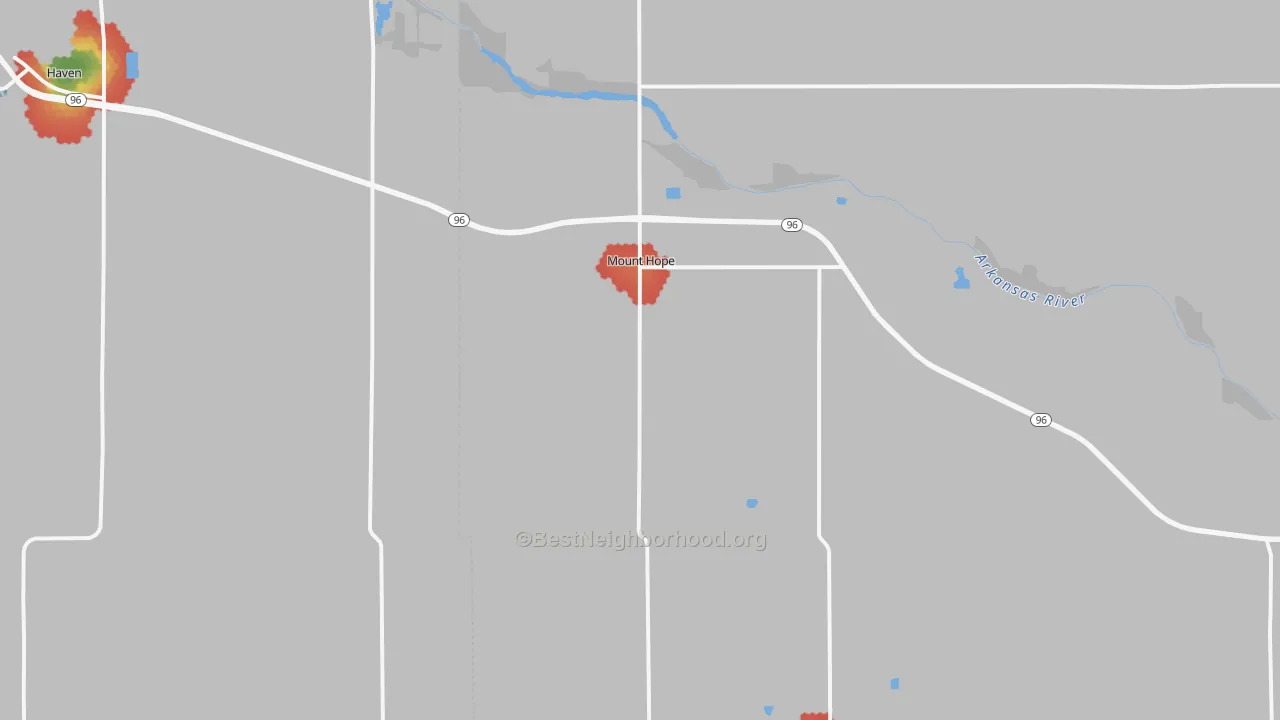 Walk Grade map of Mount Hope, KS, walkable areas in green and car-dependent areas in red