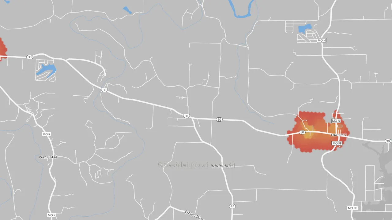 Walk Grade map of Mount Hope, MO, walkable areas in green and car-dependent areas in red