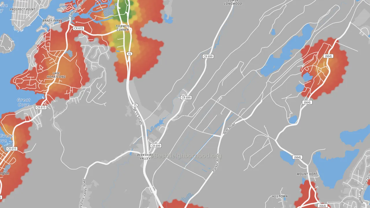 Walk Grade map of Mount Hope, NJ, walkable areas in green and car-dependent areas in red