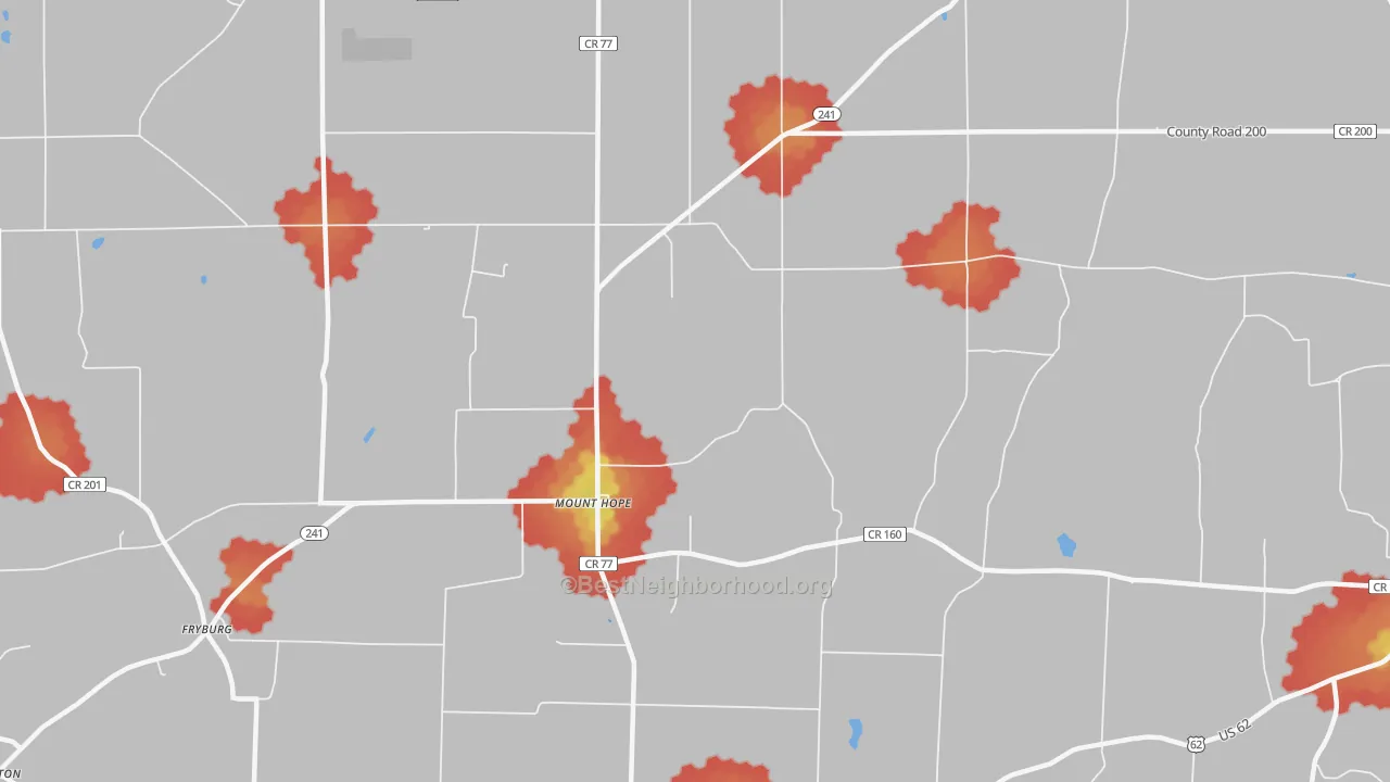 Walk Grade map of Mount Hope, OH, walkable areas in green and car-dependent areas in red