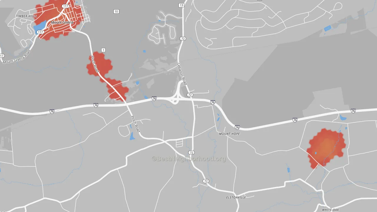 Walk Grade map of Mount Hope, PA, walkable areas in green and car-dependent areas in red