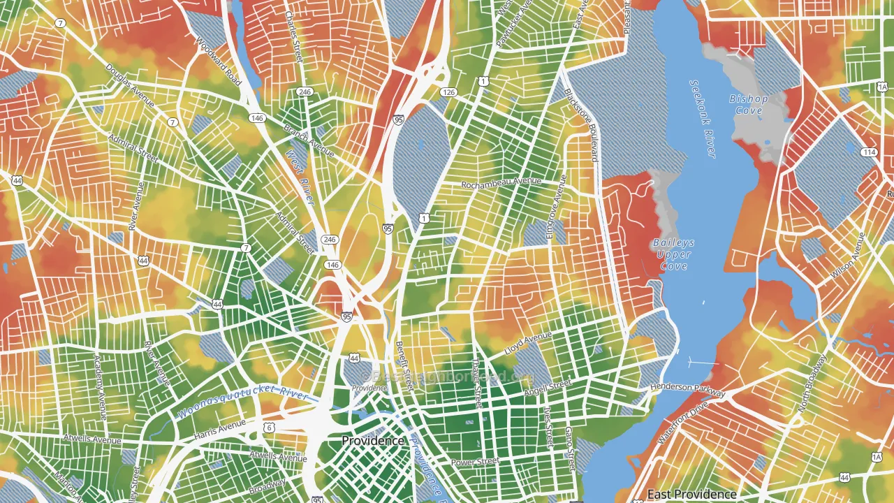 Walk Grade map of Mount Hope, Providence, RI, walkable areas in green and car-dependent areas in red