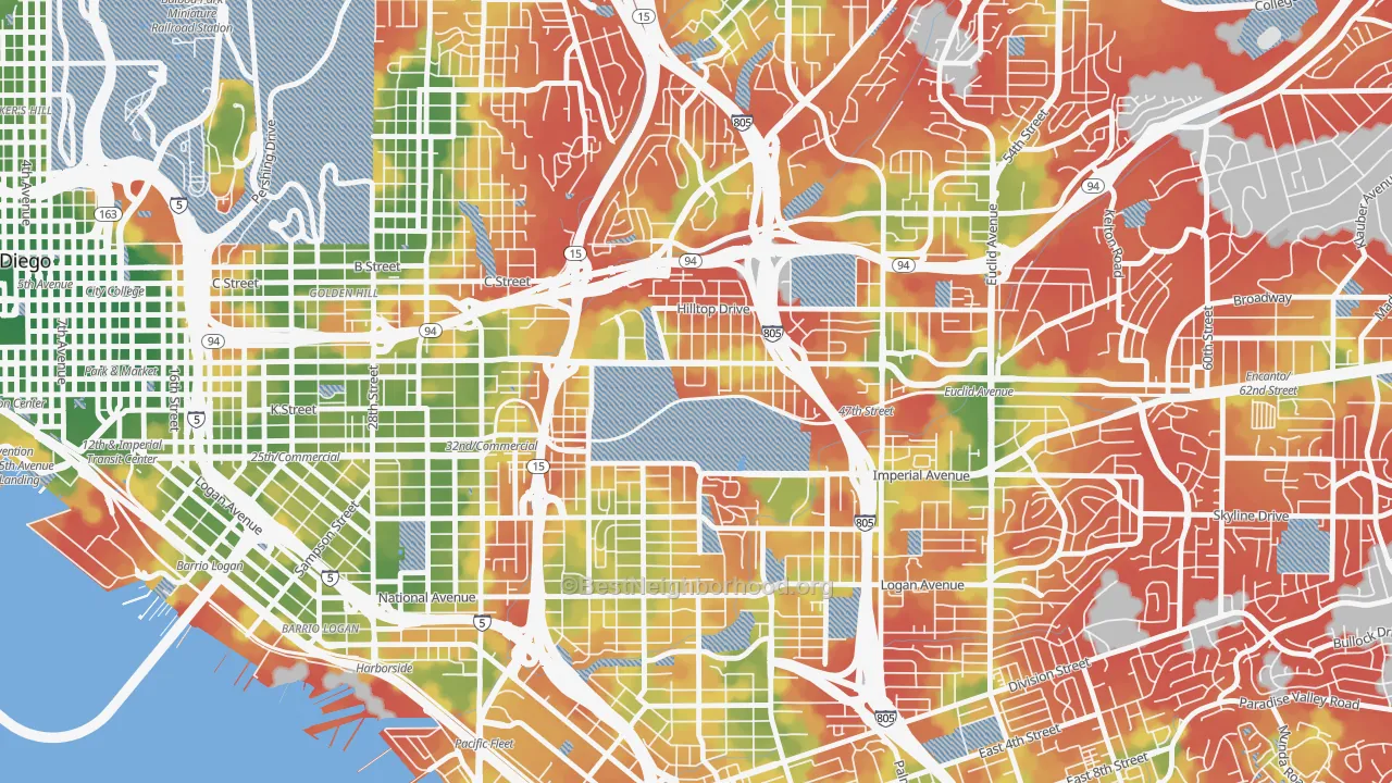 Walk Grade map of Mount Hope, San Diego, CA, walkable areas in green and car-dependent areas in red